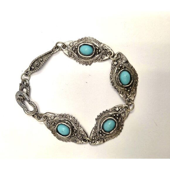 Faux Turquoise Bracelet 6.75" Silver Tone - Picture 1 of 3